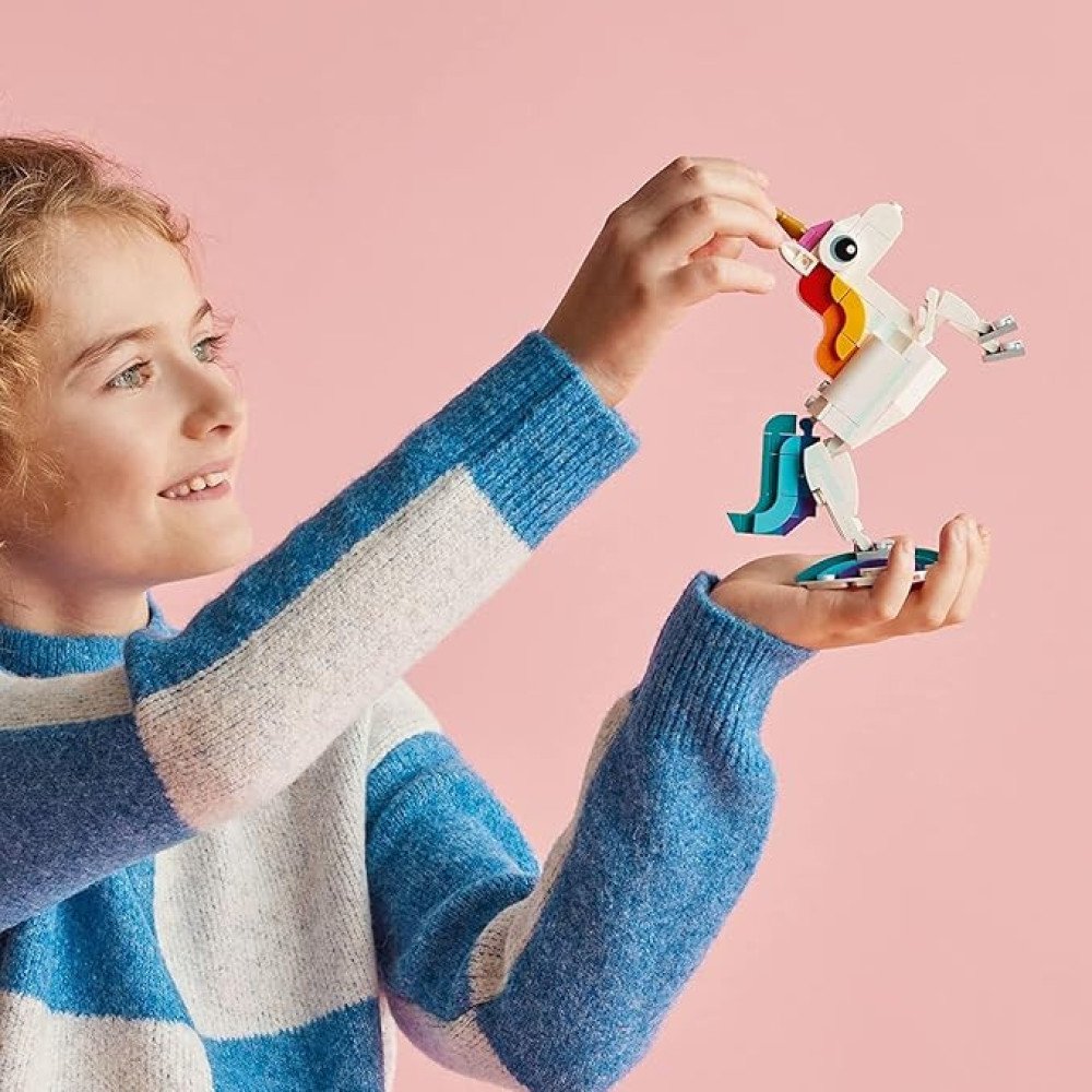 LEGO Creator 3 in 1 Magical Unicorn Toy, Transforms from Unicorn to Seahorse to Peacock, Rainbow Animal Figures, Unicorn Gift for Grandchildren, Girls and Boys, Buildable Toys