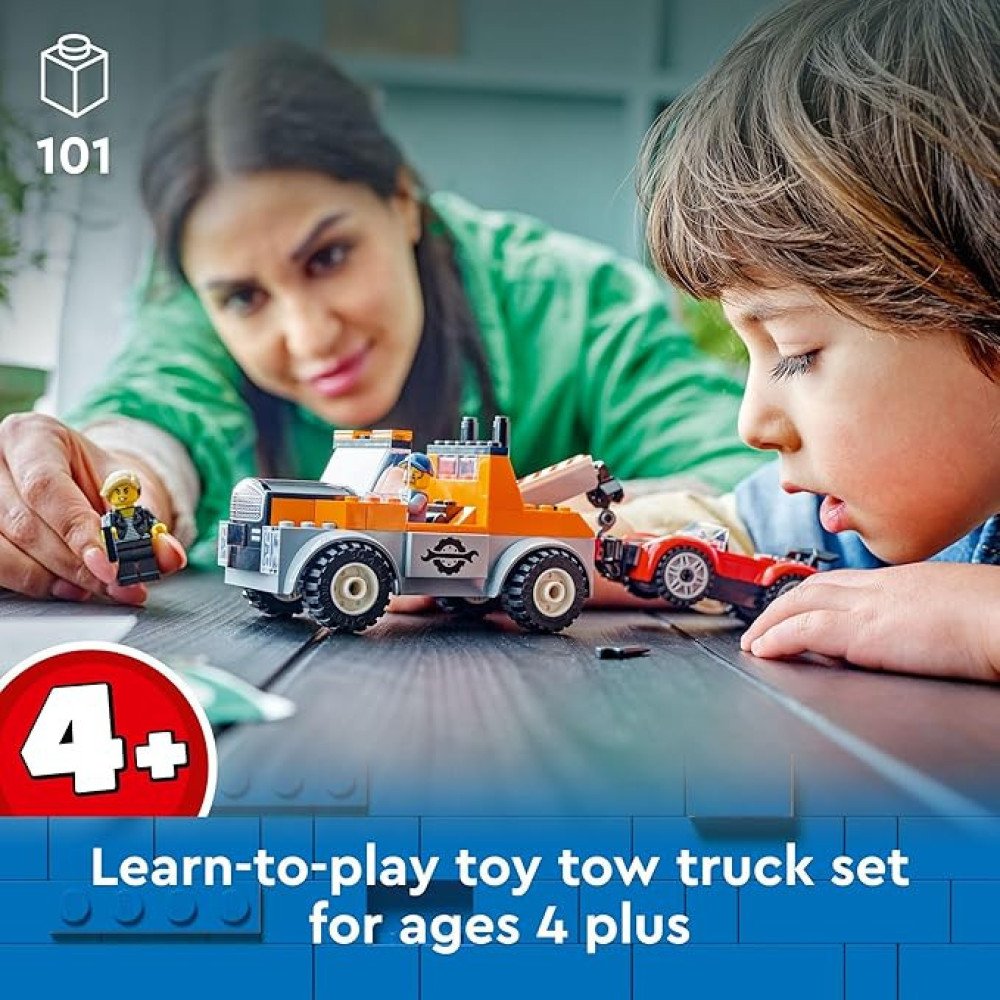 LEGO City Tow Truck and Sports Car Repair Building Set, Kids Gift Idea with 2 Minifigures and Accessories Including a Cochlear Implant, Pretend Play Tow Truck Toy for Boys & Girls Ages 4 and Up