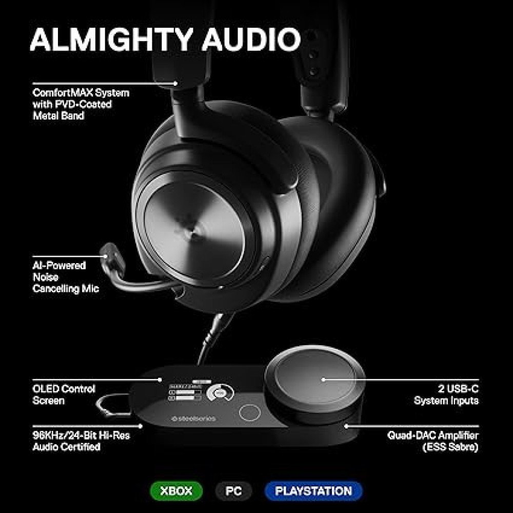 SteelSeries Arctis Nova Pro Multi-System Gaming Headset - Premium Hi-Fi Drivers - Hi-Res 360° Spatial Audio - GameDAC Gen 2 - ESS Sabre Quad-DAC - Stealth Retractable Mic - PC, PS5, PS4, Switch